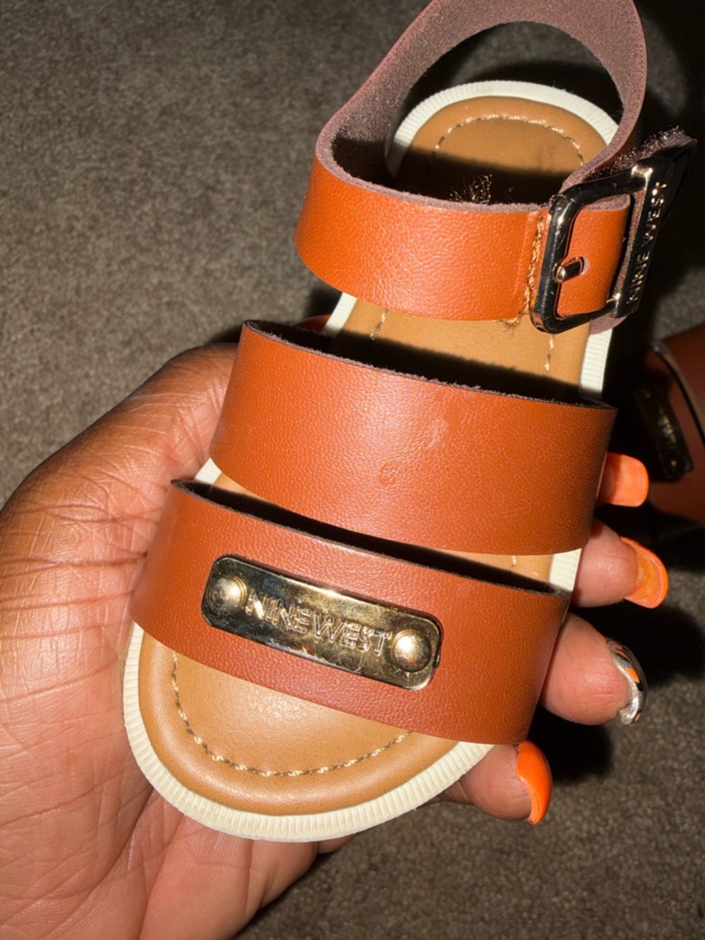 Nine West Kids Tan Brown Triple-Strap Sandals with Gold Accent - Picture 2 of 3